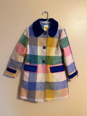 Mini Boden Multicolor Plaid Wool Coat with Navy Trim